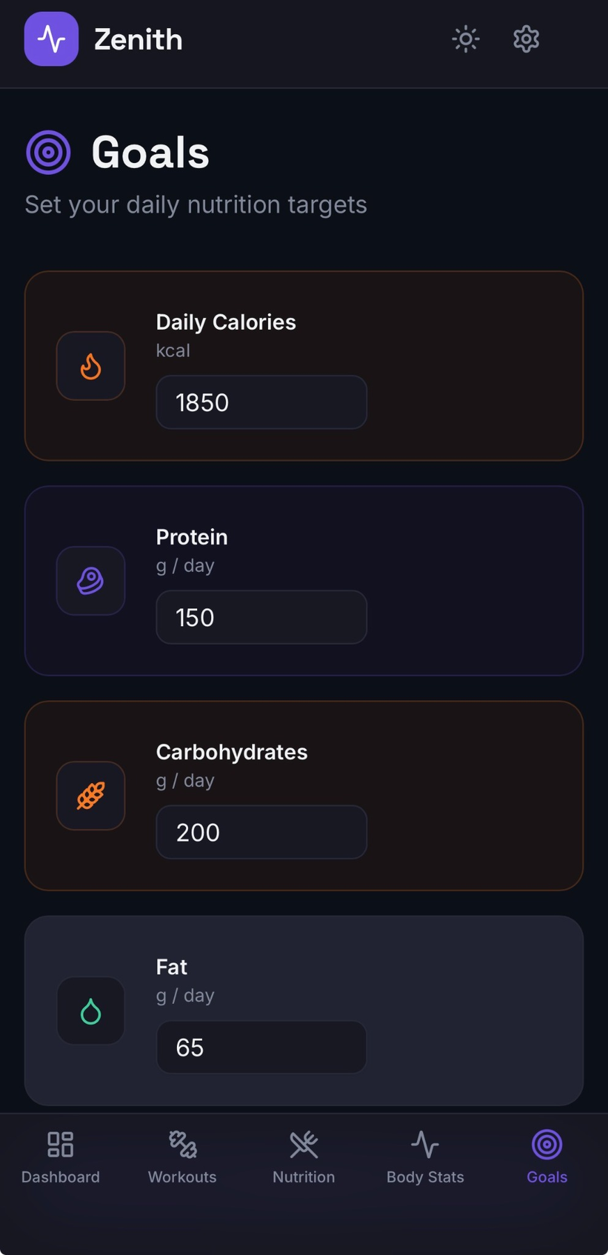Zenith goals screen showing daily calorie and macro targets.