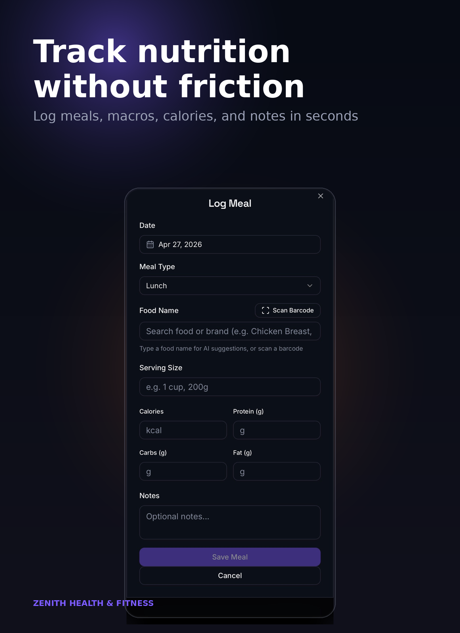 Zenith nutrition logging app preview.