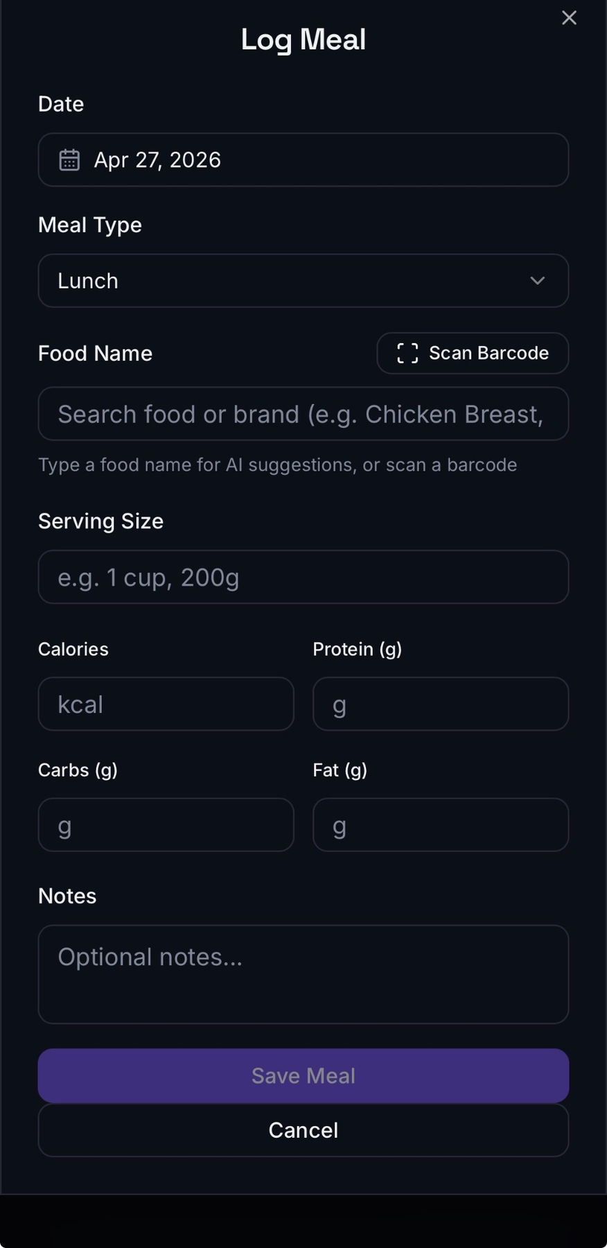 Zenith meal logging screen.