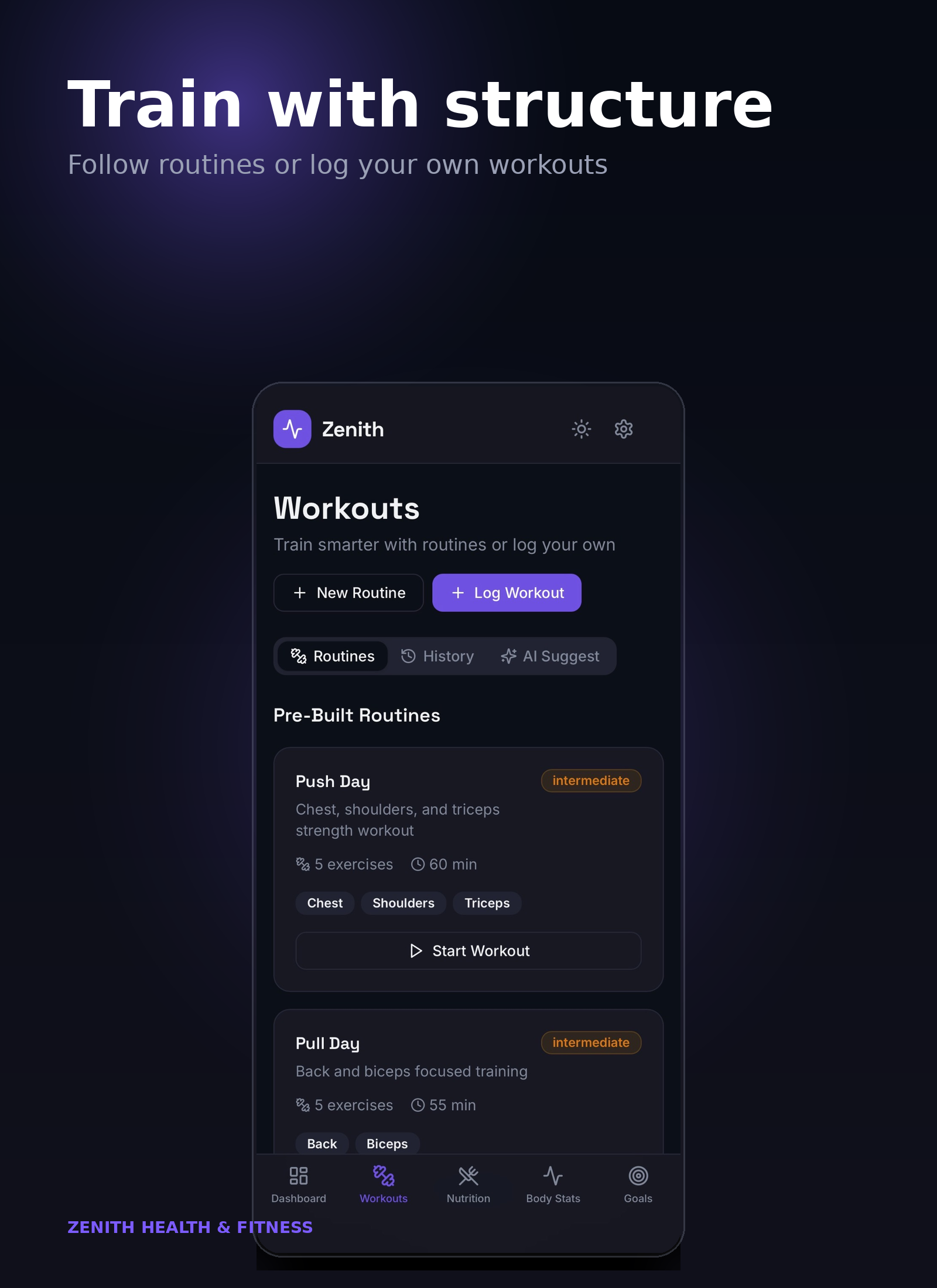 Zenith workout tracking app preview.