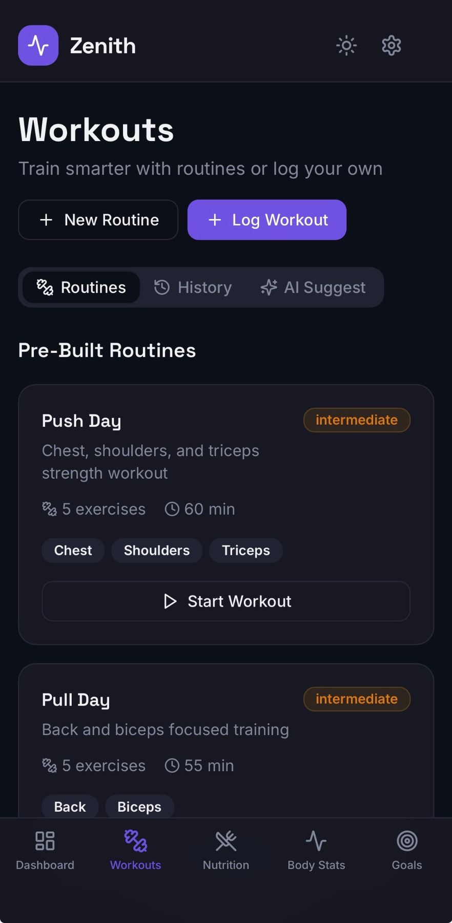 Zenith workouts screen with pre-built routines.