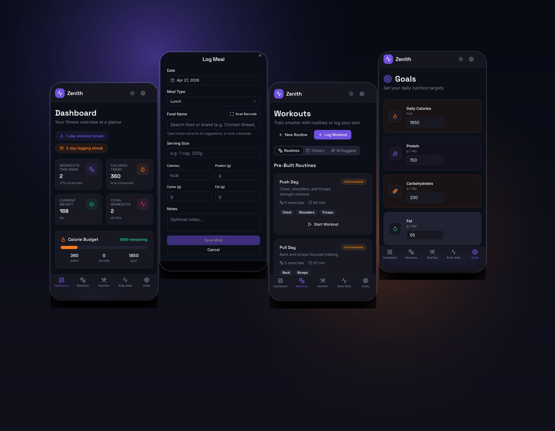 Zenith Health & Fitness app screens showing dashboard, nutrition, workouts, and goals.
